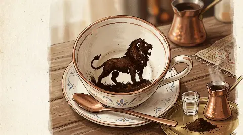 Türk kahvesi fincanının telvesinde beliren Aslan şekli