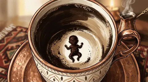 Türk kahvesi fincanının telvesinde beliren Bebek şekli