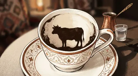 Türk kahvesi fincanının telvesinde beliren Inek şekli