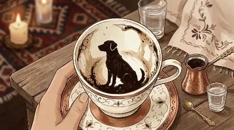 Türk kahvesi fincanının telvesinde beliren Köpek şekli