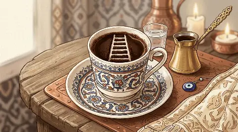 Türk kahvesi fincanının telvesinde beliren Merdiven şekli