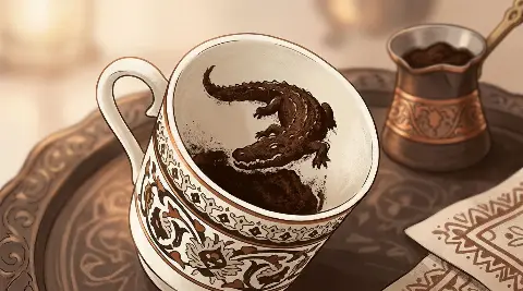 Türk kahvesi fincanının telvesinde beliren Timsah şekli