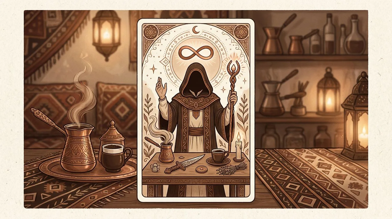 Büyücü tarot kartının sembolik illüstrasyonu