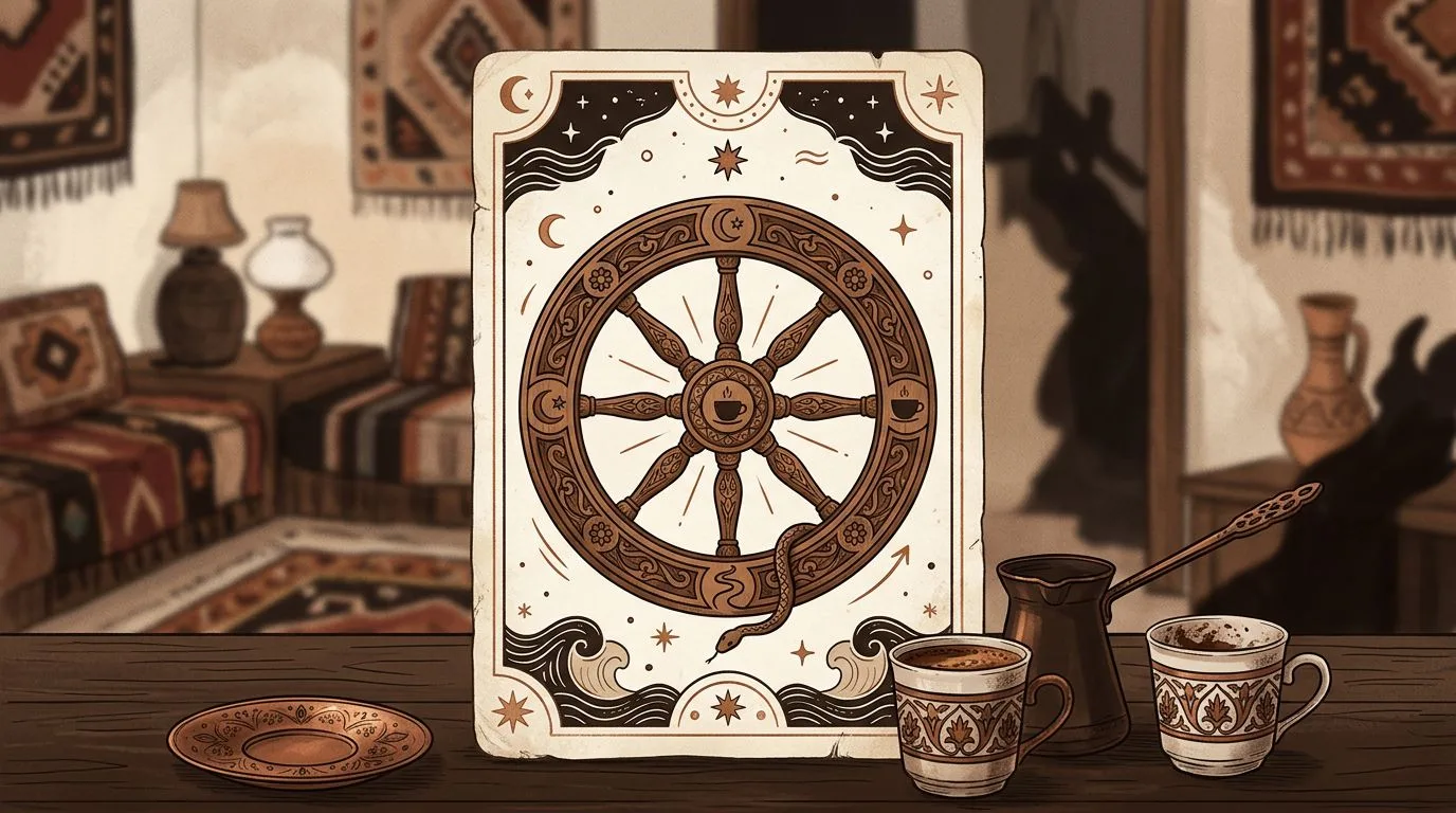 Kader Çarkı tarot kartının sembolik illüstrasyonu