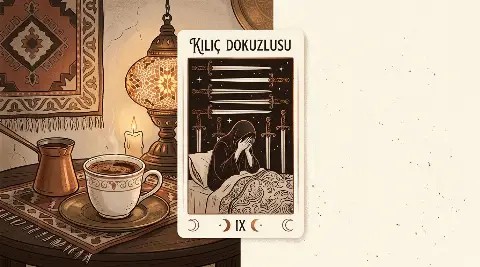 Kılıç Dokuzlusu tarot kartının sembolik illüstrasyonu