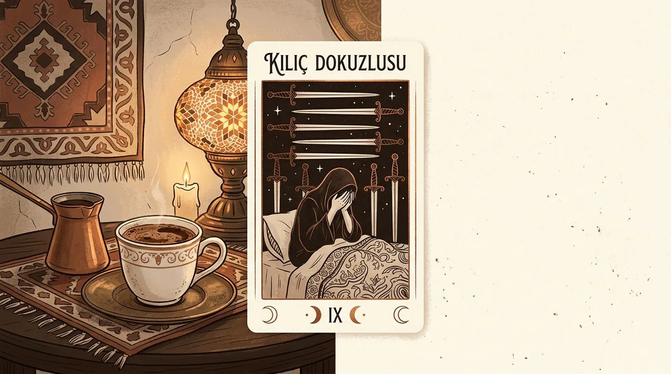 Kılıç Dokuzlusu tarot kartının sembolik illüstrasyonu