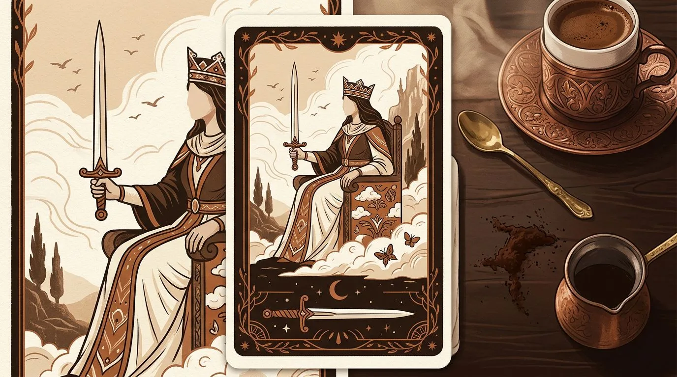 Kılıç Kraliçesi tarot kartının sembolik illüstrasyonu