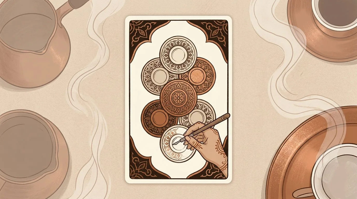 Tılsım Sekizlisi tarot kartının sembolik illüstrasyonu